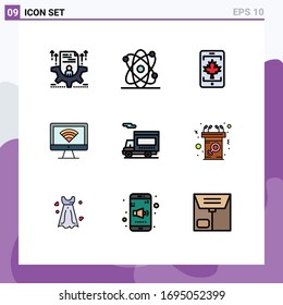 9 Universal Filledline Flat Color Signs Symbols of truck; signal; mobile; wifi; computer Editable Vector Design Elements