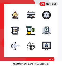 9 Universal Filledline Flat Color Signs Symbols of currency symbol; banking; debit; radio; loading Editable Vector Design Elements