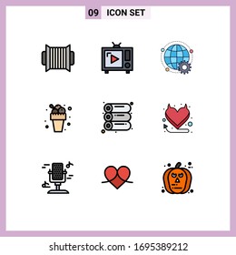 9 Universal Filledline Flat Color Signs Symbols of summer; meal; vintage tv; ice cream; globe Editable Vector Design Elements