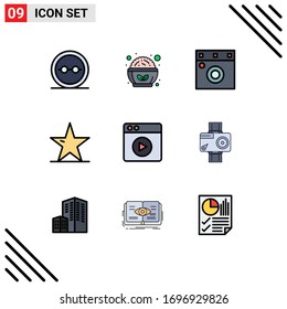 9 Universal Filledline Flat Color Signs Symbols of multimedia; nature star; salad bowl; nature; ecology Editable Vector Design Elements