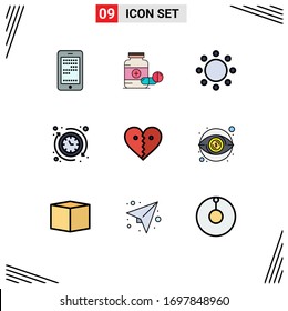 9 Universal Filledline Flat Color Signs Symbols of heart; hours; tablet; clock; symbols Editable Vector Design Elements
