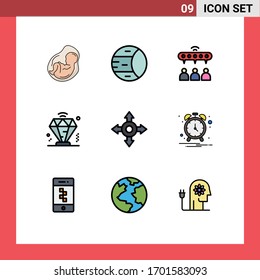 9 Universal Filledline Flat Color Signs Symbols of alarm; membership; structure; diamond; team Editable Vector Design Elements