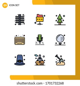 9 Universal Filledline Flat Color Signs Symbols of professional; mic; spruce; code; bar code Editable Vector Design Elements