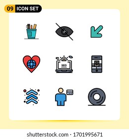 9 Universal Filledline Flat Color Signs Symbols of like; world; deny; environment; left Editable Vector Design Elements