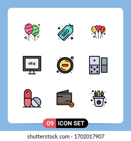 9 Universal Filledline Flat Color Signs Symbols of minus; hd; seo; display; heart Editable Vector Design Elements