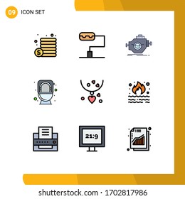 9 Universal Filledline Flat Color Signs Symbols of burn; mom; performance; gift; toilet Editable Vector Design Elements