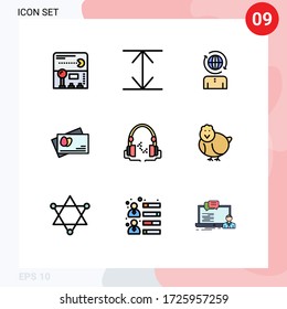 9 Universal Filledline Flat Color Signs Symbols of chicken; audio; management; music; easter Editable Vector Design Elements