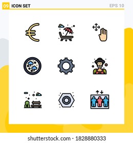 9 Señales de color plano de línea de relleno universales Símbolos de ajuste; tecnología; mano; red; elementos de diseño de vectores editables conectados