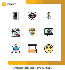 9 Universal Filledline Flat Color Signs Symbols of science; flasks; vision; chemistry; level Editable Vector Design Elements