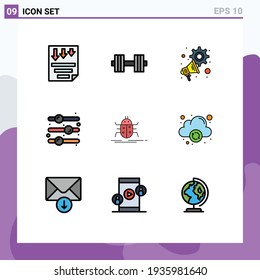 9 Universal Filledline Flat Color Signs Symbols of bug; on; weight; off; settings Editable Vector Design Elements