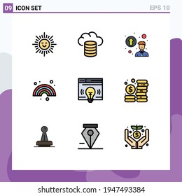 9 Universale Flachfarbzeichen Symbole des Budgets; Webseite; Beförderungskonzept; Web; regenbogenbearbeitete Vectordesign-Elemente