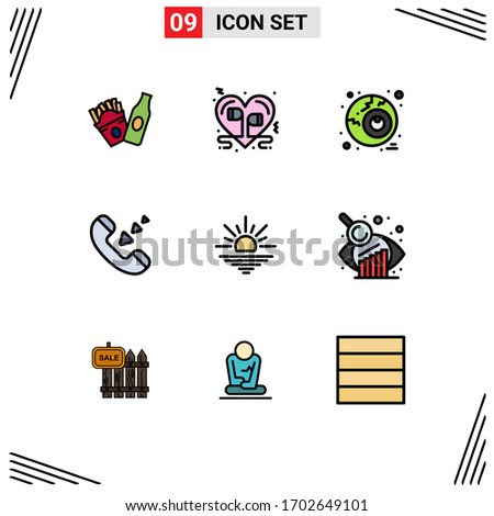 9 Universal Filledline Flat Color Signs Symbols of morning; sun; eye; phone; communication Editable Vector Design Elements