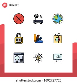 9 Colores planos de línea de relleno universales configurados para aplicaciones web y móviles pallete; estudio; tecnología; escuela; elementos de diseño de vectores editables del hotel