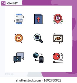 9 Universal Filledline Flat Colors Set for Web and Mobile Applications shopping; gift; location; research; valentine Editable Vector Design Elements