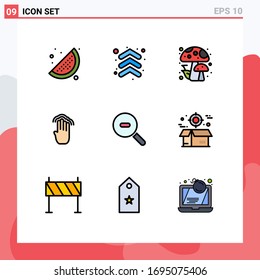 9 Colores planos de línea de relleno universales configurados para zoom de aplicaciones web y móviles; búsqueda; bosque; punteo múltiple; gestos Elementos de diseño de vectores editables