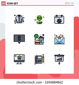 9 Universal Filledline Flat Colors Set for Web and Mobile Applications food; break; calendar; secret; bubble Editable Vector Design Elements