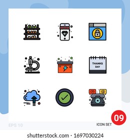 9 Universal Filledline Flat Colors Set for Web and Mobile Applications celebration; car; design; battery; research Editable Vector Design Elements
