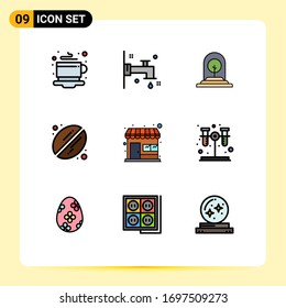 9 Universal Filledline Flat Colors Set for Web and Mobile Applications shop; market; plant; drink; bean Editable Vector Design Elements