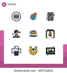 9 Universal Filledline Flat Colors Set for Web and Mobile Applications laptop; female; point; doctor; park Editable Vector Design Elements