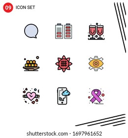 9 Colores planos de línea plana universal establecidos para el girasol de aplicaciones web y móviles; flora; jugo; ramadán; materiales editables de diseño de vectores para almuerzos