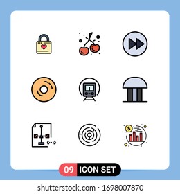 9 Universal Filledline Flat Colors Set for Web and Mobile Applications sweet; donuts; arrow; cafe; music Editable Vector Design Elements