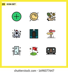 9 Colores planos de línea de relleno universales establecidos para la construcción de aplicaciones web y móviles; escuela; dólar; cohete; elementos de diseño de vectores editables de educación