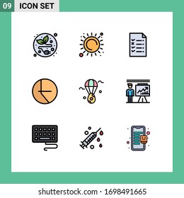 9 Colores planos de línea de relleno universales establecidos para el negocio de aplicaciones web y móviles; baluón; archivo; oído; elementos de diseño de vectores editables de pastel