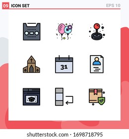 9 Universal Filledline Flat Colors Set for Web and Mobile Applications calendar; easter; women; house; play Editable Vector Design Elements