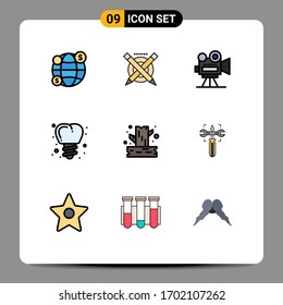9 Universal Filledline Flat Colors Set for Web and Mobile Applications wood; camping; film camera; branch; screw Editable Vector Design Elements