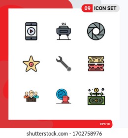9 Universal Filledline Flat Colors Set for Web and Mobile Applications construction; adjustable; lens; wrench; studio Editable Vector Design Elements