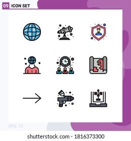 9 Colores planos de línea de relleno universales configurados para el equipo de aplicaciones Web y móviles; grupo; escudo; persona; elementos de diseño de vectores editables internacionales