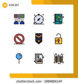 9 Universal Filledline Flat Colors Set for Web and Mobile Applications badge; media; summer; close; notebook Editable Vector Design Elements