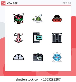 9 Colores planos de línea de relleno universales configurados para el contacto de aplicaciones Web y móviles; tiempo; naturaleza; termómetro; elementos de diseño de vectores editables para tanques