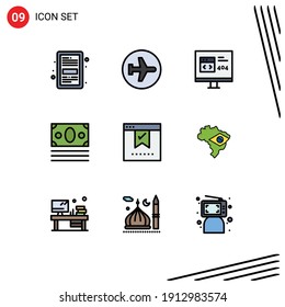 9 Colores planos de línea de relleno universales configurados para aplicaciones Web y móviles en línea; ecommerce; vuelo; error; desarrollar elementos de diseño de vectores editables