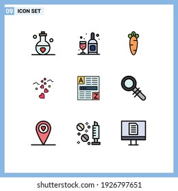 9 Colores planos de línea de relleno universales configurados para Web y aplicaciones móviles; boda; zanahoria; amor; Elementos de diseño de vectores editables de corazones
