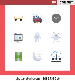 9 Universal Flat Color Signs Symbols of biology; people; time; cosmonaut; screen Editable Vector Design Elements
