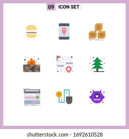 9 Universal Flat Color Signs Symbols of map; distance; design; protection; firewall Editable Vector Design Elements