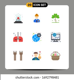 9 Universal Flat Color Signs Symbols of lungs; health; labour; plant; ireland Editable Vector Design Elements