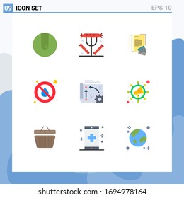 9 símbolos universales de color plano Símbolos de aplicación; agua; nota; lluvia; colocar elementos de diseño de vectores editables