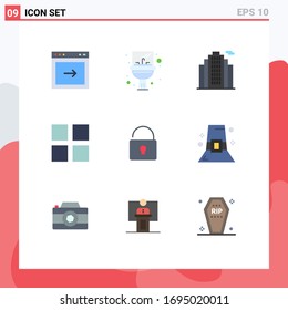 9 Universal Flat Color Signs Symbols of fashion; lock; building; unlock; layout Editable Vector Design Elements