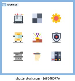9 Universal Flat Color Signs Symbols of insurance; power; setting; feminism; van Editable Vector Design Elements