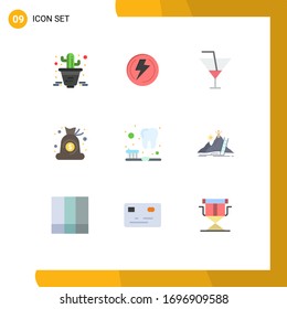 9 Universal Flat Color Signs Symbols of cleaning; finance; drink; money; bag Editable Vector Design Elements