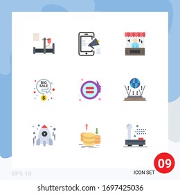 9 Señales de color plano universales Símbolos de venta con descuento; gran venta; publicidad móvil; pago; materiales de diseño de vectores editables para comercio