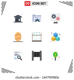 9 Señales de color plano universales Símbolos de frasco de laboratorio; frasco químico; engranaje; alimentos; materiales de diseño de vectores editables de cocción
