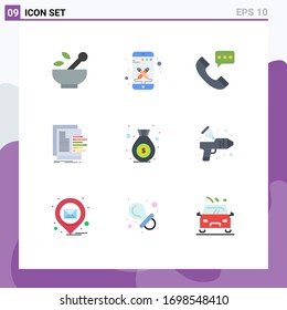 9 Señales de color plano universales Símbolos de valoración; gráfico; llamada; datos; elementos de diseño de vectores editables de conversación