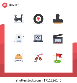 9 Universal Flat Color Zeichen Symbole des Films; hochladen; Klon; Laptop; Design-Elemente für Vektorillustrationen mit Kartenbearbeitung
