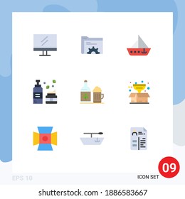 9 Universal Flat Color Signs Symbols of bottle; skincare; sail; lotion; cosmetics Editable Vector Design Elements