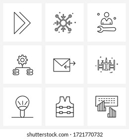 9 Icono de línea universal Pixel Perfect Symbols de envío; acción por correo electrónico; cuenta; mantenimiento de la red de datos; configuración de distribución de datos Ilustración vectorial