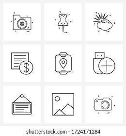 9 Universal Line Icon Pixel Perfect Symbols of location; list; sun; shopping; Vector Illustration