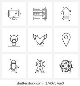9 Universal Line Icon Pixel Perfect Symbols of valentine; heart; direction; light; bulb Vector Illustration